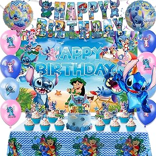 Lilo and Stitch birthday party supplies, Lilo and Stitch party decorations including a birthday banner, aluminum balloons, cupcake decorations, latex balloons, cake decorations, backdrop and table runner.. DIAYTAR NIGERIA: Where shopping meets satisfaction with affordable prices and prompt delivery services.