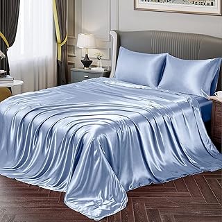 Luxury satin bedroom, 4 rooms, soft and silky satin bed sheets, set of extra soft microfiber sheets, unsuccessful, stains resistant, 1 sheet-housing + 1 flat sheet + 2 pillowcases (baby blue, complete).. Browse endless categories on DIAYTAR Nigeria — your items delivered in just days.