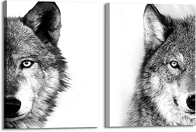 Wall Art Wolf Black and White: Modern Wild gray animal pattern printed Western pointed eyes, 2 rooms, wall decoration for bedroom, living room, home office.. DIAYTAR NIGERIA: Where countless products meet affordable prices and reliable nationwide shipping.