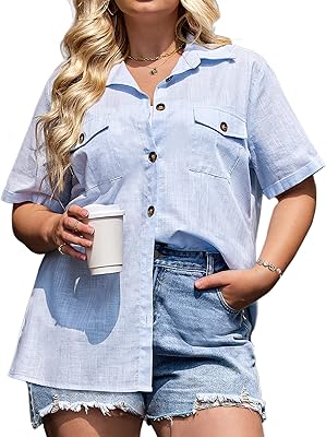 IN'VOLAND Surprised shirts buttoned to V-collar for women casual blouses with short sleeves with 16W-24W pockets.. Shop smarter, not harder with DIAYTAR NIGERIA - thousands of products at your fingertips with affordable delivery.