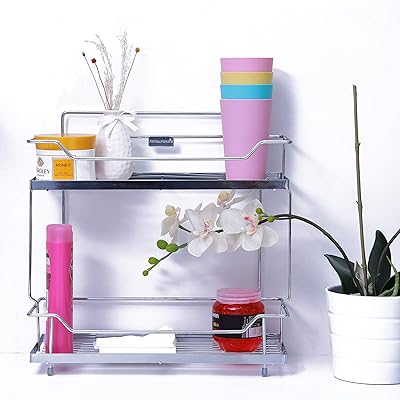 Royalford double kitchen shelf - Stainless steel organizing support for spice jars, cans, bottles and more | Subject organizer support for the house, the kitchen, the bathroom and storage on the counter.. Experience shopping freedom with DIAYTAR NIGERIA's vast selection and 5-8 day nationwide delivery service.