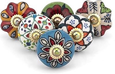 Handcrafted drawer door handles - Assortment of ceramic handles, blue pottery and brass for cabinets, cupboards and old furniture - multicolored - pack of 6.. Shop with intention at DIAYTAR NIGERIA, offering thousands of products at budget-friendly prices.
