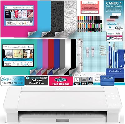 Silhouette Cameo 4 White Bundle with vinyl starting kit, start -up kit by thermal transfer, 2 automatic blades, 24 pen recharges, 120 cc vinyl kit, access to the electronic book and the instructions manual, and cl.. DIAYTAR NIGERIA brings online shopping to every Nigerian with affordable prices and reliable shipping.