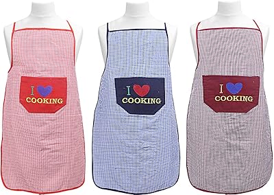 Kuber Industries, set of 3 waterproof cotton checkered aprons with front pocket (red, blue and blue), CTKTC013731.. DIAYTAR NIGERIA: Your trusted e-commerce partner with extensive product choices and affordable delivery.