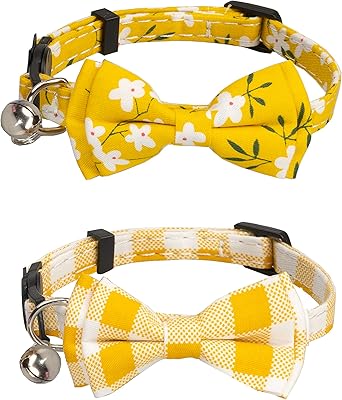 Gehapit removable yellow safety necklace for cat with bow tie bell, lot of 2, floral pattern for kittens from 7 to 11 inch, yellow and checkered flowers.. DIAYTAR NIGERIA: Your affordable shopping destination with thousands of products delivered in days.