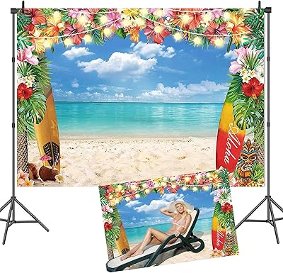 7x5 feet summer hawaii beach photograph in the background sky blue tropical flowers surf board alhaha luau festive decoration.. DIAYTAR NIGERIA: Where affordability meets variety, with thousands of products delivered in less than 8 days.