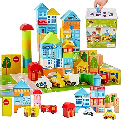 Wooden construction block toy - Set of wooden town blocks - toy of preschool educational construction blocks, 62 pieces... DIAYTAR NIGERIA: Connecting Nigerians with their needs through our affordable and diverse marketplace.