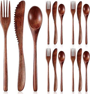 Set of wooden cutlery composed of a spoon, a fork and a knife, set of wooden kitchen cutlery composed of a spoon, a fork and a wooden knife (12 pieces).. DIAYTAR NIGERIA: Bringing quality products to your doorstep at prices that won't break the bank.
