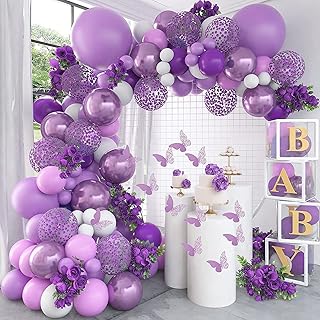 Kit of Violet Balloons garland, 145 confetti balloons with white and purple glitter with paper butterfly for prenatal celebration, wedding, engagement and birthday party.. DIAYTAR NIGERIA brings the market to your fingertips with affordable prices and swift delivery services.