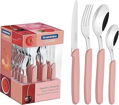 Tramontina 24 -room stainless steel cutlery service with polypropylene sleeves and colorful stripes, pink color, 23499029, Caramel color.. DIAYTAR NIGERIA delivers on our promise of variety, affordability, and prompt nationwide service.