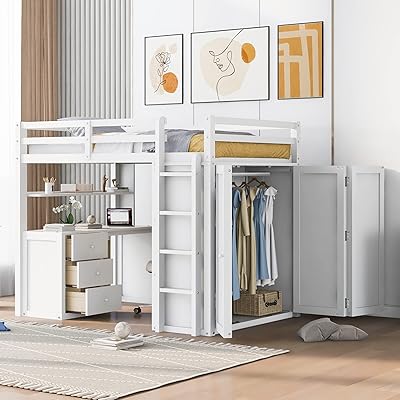 Mirax full -size mezzanine bed for adults, wooden frame with office and wardrobe, storage design with drawers and shelf, for teenagers girls and boys (white).. Shop confidently with DIAYTAR NIGERIA, offering affordable prices and reliable delivery within a week.