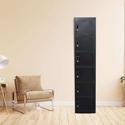 Egid six -door wardrobe, steel metal storage cabinet - with 5 shelves - for the house, the school and the office - lock with plastic handle (black).. Experience budget-friendly shopping at DIAYTAR NIGERIA, Nigeria's premier online marketplace with quick delivery.