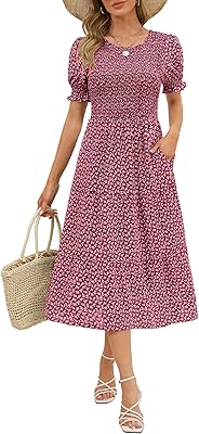Depracted summer dress for women 2023, short puffing sleeves, bohemian style, floral motif on several levels, mid-length dress with pockets.. Shop without compromise at DIAYTAR NIGERIA, where quality, affordability, and quick delivery coexist.