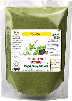 Thulasi powder of Diets Organics 100g-Pond of Tulsi-Pond of Basil leaves ideal for hair.. From daily needs to rare finds, DIAYTAR Nigeria brings it to your door.