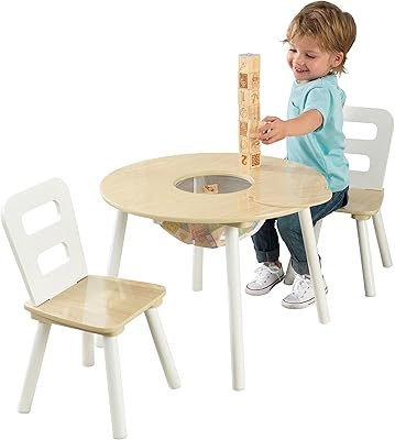 Kidkraft wooden round table set and 2 chairs with central net storage - natural and white, gift for 3-6 year olds, 59 cm x 59 cm x 43 cm.. DIAYTAR Nigeria: trusted by thousands for fast, reliable delivery.