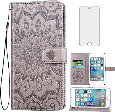 Mobile shell for iPhone 6 and 6s with tempered glass screen protector, flap case, card holder, card holder and mobile accessories for iPhone 6, Y6s, iPhone 6s, iPhone 6s, iPhone 6S, iPhone 6A and 6 in gray color.. DIAYTAR NIGERIA: Bringing the marketplace to every Nigerian with affordable prices and quick delivery.