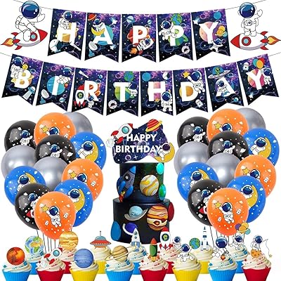 Festive supplies in space, birthday party decoration kit on the theme of space, happy birthday banner of astronaut, party balloons in the birthday party.. Your complete shopping solution, DIAYTAR NIGERIA delivers variety and value within the week.