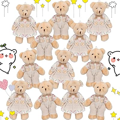 12 pieces small teddy bear in plush, couple with jute canvas clothes, small teddy bear, birthday toys, wedding party, Christmas decoration (flower motif).. DIAYTAR Nigeria: Your one-stop online shop with unbeatable prices and nationwide delivery in under 8 days.