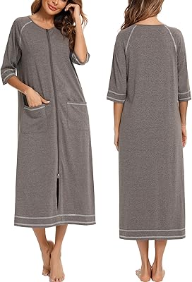House bathrobe with zipper on the front for women, 3/4 sleeves, full-length night shirt for women with S-XXL pockets.. DIAYTAR NIGERIA: Empowering Nigerians with access to affordable products delivered within 8 days.