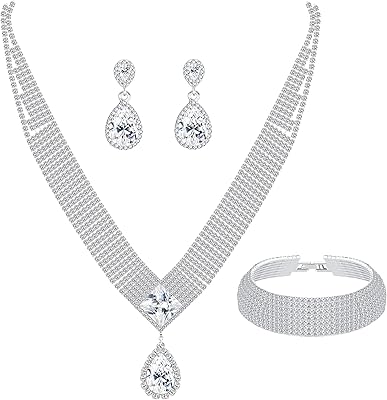 Set of crystal wedding jewelry, simple tear -shaped crystal pendant, necklace, bracelets, earrings, wedding, bridesmaid, set of tennis jewelry for women and girls.. DIAYTAR NIGERIA: Empowering Nigerians with access to affordable products and reliable 5-8 day delivery.