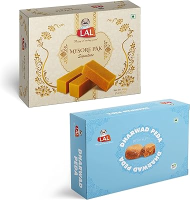 LAL SWEETS Combo MySore Pak Pak Signature 400g and Dharwad Peda 400g || Made with milk solids and cow ghee || Delicious and sweet Sweet Indian || Traditional taste of MySuru || Mithai Indian combo.. DIAYTAR NIGERIA brings affordable shopping solutions to every corner of Nigeria in just 5-8 days.