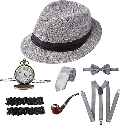 Accessories of the 1920s for men, set of Gatsby Gangster fashion accessories of the 20s, Hatps Fedora suspenders.. Save time and money with DIAYTAR Nigeria’s online store.