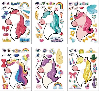 24 Make-A-Calorne stickers for children, unicorn gift stickers, leaflets of unicorn facials for party gifts and manual work for girls and boys, rainbow birthday party supplies.. DIAYTAR NIGERIA brings the marketplace to your home with budget-friendly prices and nationwide delivery.