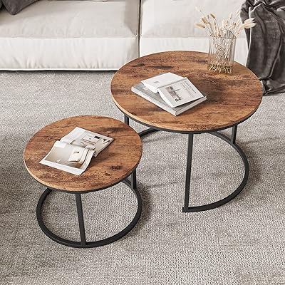 Set of Round Coffee Table Highlight Vobam, Empible Industrial Appoint Table with Sustainable Metal Frame, Easy Assembly for Living Room and Porch, Round Wooden Furniture with Sustainable Metal Frame, 2 rooms (Rustic Brown).. Your complete e-commerce solution, DIAYTAR NIGERIA offers variety and value with nationwide shipping.