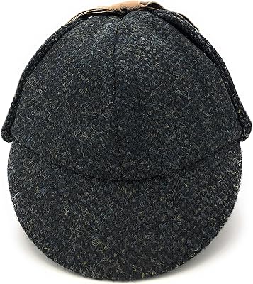 DeStalker hat - Traditional Scottish - Sherlock - Harris Tweed - Two visors and earpieces - Fall spring winter black with green spots - Unique piece.. Everything you need is just a click away with DIAYTAR Nigeria — shop now and receive your order in days.