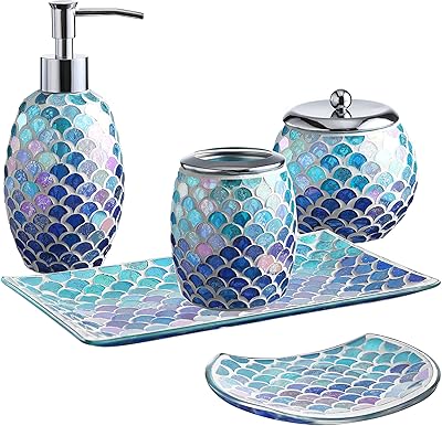 Bathroom accessories set | Decorative 5 -room decorative glass bathroom soap set | soap dispenser, tray, pot and toothbar holder | Elegant blue mosaic glass mermaid.. Experience the simplicity of DIAYTAR NIGERIA's extensive marketplace with delivery within 8 days.