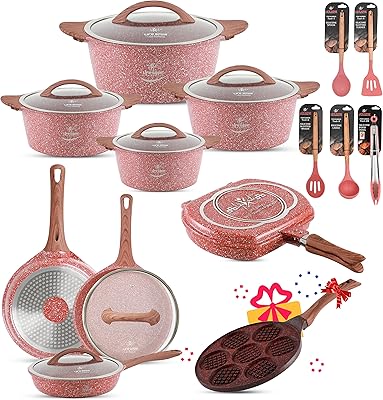 Life Smile 21 -room kitchen battery, set of induction bottom pans and stoves, non -stick granite coating, aluminum cast iron body including casseroles, frying stoves, double grill pan and kitchen utensils (pink).. Experience the ease of one-stop shopping with DIAYTAR NIGERIA's diverse catalog and nationwide delivery.