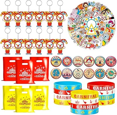 98 circus party gifts, clown keychain with stickers, elastic bracelets, button pins and bags for festive supplies on the theme of the circus, carnivals and baby showers (circus).. DIAYTAR NIGERIA: Connecting Nigerians with their needs through affordable prices and 5-8 day shipping.