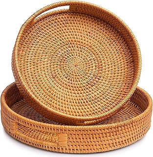 RO rattan round service tray with handles, Ottoman service trays for handed to serve dinner, party, breakfast, coffee, tea, drinks and snacks (S+L).. DIAYTAR NIGERIA: Where shopping is easy, prices are low, and delivery is just days away.