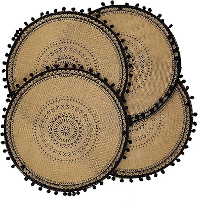 Set of 4 round tablecloths Capasin Boho Design, black with a modern braided design for beige dinner table and white table sets for kitchen with golden bangs (black ball).. DIAYTAR NIGERIA: Where thousands of products meet affordable prices and reliable 5-8 day delivery.