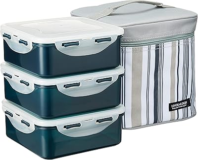 LOCK 'N LOCK HPL823DG 3 -room lunch box set with striped bag, gray, 6.7 x 7.1 inches, square, plastic.. Affordable online shopping is just a click away with DIAYTAR Nigeria.