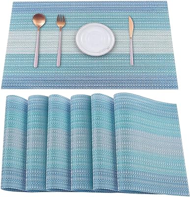 Set of 6 Hiloho blue kitchen table sets, washable and stains resistant kitchen table sets, woven vinyl table sets for kitchen and dining table.. Discover shopping made simple with DIAYTAR NIGERIA's comprehensive platform and nationwide delivery service.
