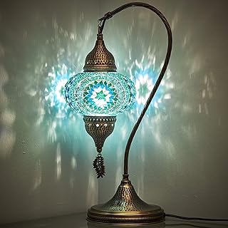 Tiffany lamp in colored mosaic made by hand with Moroccan Turkish design for bedside table, design swan collar with hammered metal body and suspended metal leaves, turquoise, 19 inch.. Discover why millions choose DIAYTAR for affordable online shopping with delivery in just 5-8 days.