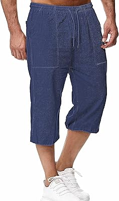 Long linen shorts under the knee for men with 3/4 pockets with tightening cord, summer.. DIAYTAR NIGERIA transforms dreams into deliveries with our affordable prices and reliable shipping.