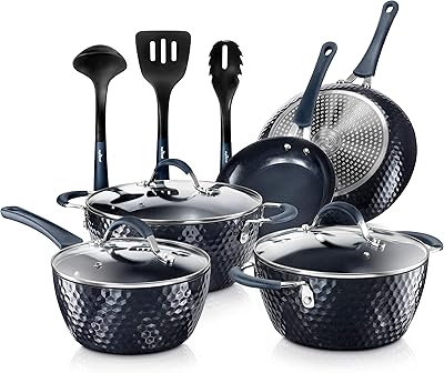 Set of 11 pans and non -stick stoves in Nutrichef ceramic with frying stoves, kitchen utensils and lids without PTFE/PFOA/PFOS, Blue Diamond.. Shop from anywhere in Nigeria with DIAYTAR's extensive selection and budget-friendly shipping options.