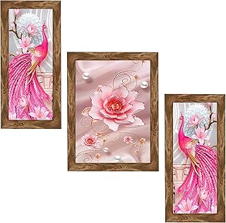 Indianara set of 3 flowers with peacock (3851wnt) without glass 6 x 13, 10.2 x 13, 6 x 13 inches.. DIAYTAR NIGERIA redefines convenience with our vast product selection and swift nationwide delivery.