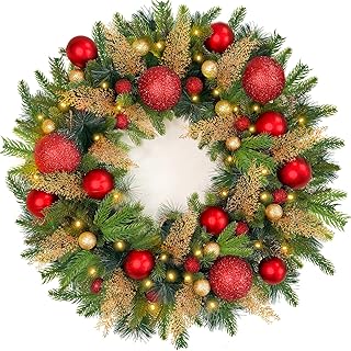 Large 26-inch pre-built-in Christmas wreath with timer, 80 thick lights, realistic spruce tips, 33 sparkling balls, 16 pine needles, Christmas crown decoration with batteries for interior and exterior entrance door.. DIAYTAR NIGERIA delivers what you want at prices you'll love, all within 5-8 days nationwide.