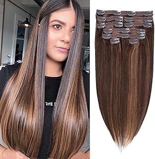 Human hair extensions with dark brown clips mixed with color.. DIAYTAR NIGERIA connects you with thousands of products at competitive prices, delivered within a week.