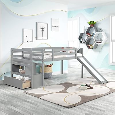 Beadnbz low bed with ladders and slide in solid wood bed frame with stairs for children.. DIAYTAR NIGERIA: Your trusted e-commerce partner with extensive product choices and affordable delivery.
