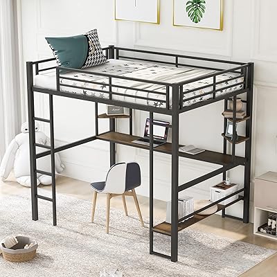 Full -size mezzanine bed in longrun metal with long office and shelves, robust steel bed frame, for children and adults, black.. Experience the convenience of online shopping with DIAYTAR NIGERIA's reliable 5-8 day delivery service.