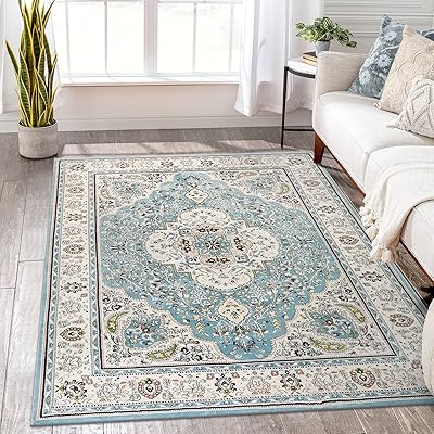 Small Persian carpet with Persian floral medallion - Large 5x7 living room carpet, soft, non -slip, washable, rasable, for bedroom, entrance, dining room and desk, sky/blue blue blue.. Unlock endless possibilities with DIAYTAR NIGERIA's affordable marketplace and reliable delivery service.