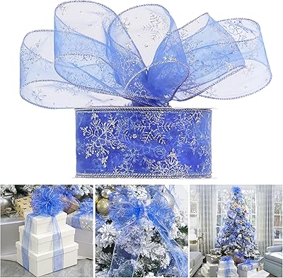 Emodi 2.5 inches ribbon of snowflake in organza blue royal with Christmas tape in the shape of a silver snowflake and crown for Christmas tree decoration and the decoration of the house - 50 meters.. DIAYTAR Nigeria: Discover more, spend less, and enjoy delivery within 5–8 days.