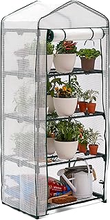 Mini greenhouse at 4 levels with robust reinforced polyethylene cover, portable garden shed, robust steel frame, four large shelves, H160 cm x L69 cm x D49 cm.. DIAYTAR Nigeria offers great deals, a huge product variety, and delivery in under a week.