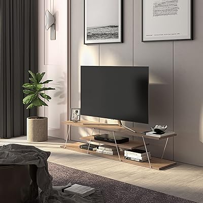 Multimedia unit support Modern TV in canvas for living room, easy to assemble - (143x32x31 cm), brown walnut and chrome.. Click, pay, receive — DIAYTAR Nigeria makes online shopping seamless.