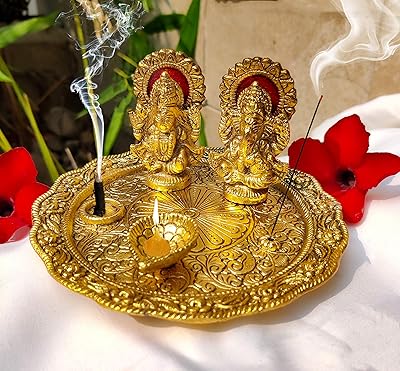 Statue of Idol Laxmi Ganesha in gold plated aluminum with plate for diwali puja, indian decorations deepawali statue Thali.. Save more, wait less — DIAYTAR Nigeria delivers faster than ever.