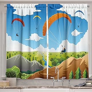 Kitchen curtains cartoon Ambesonne parachute landscape river clouds.. DIAYTAR NIGERIA: Transforming online retail with affordable prices and consistent 5-8 day nationwide delivery.
